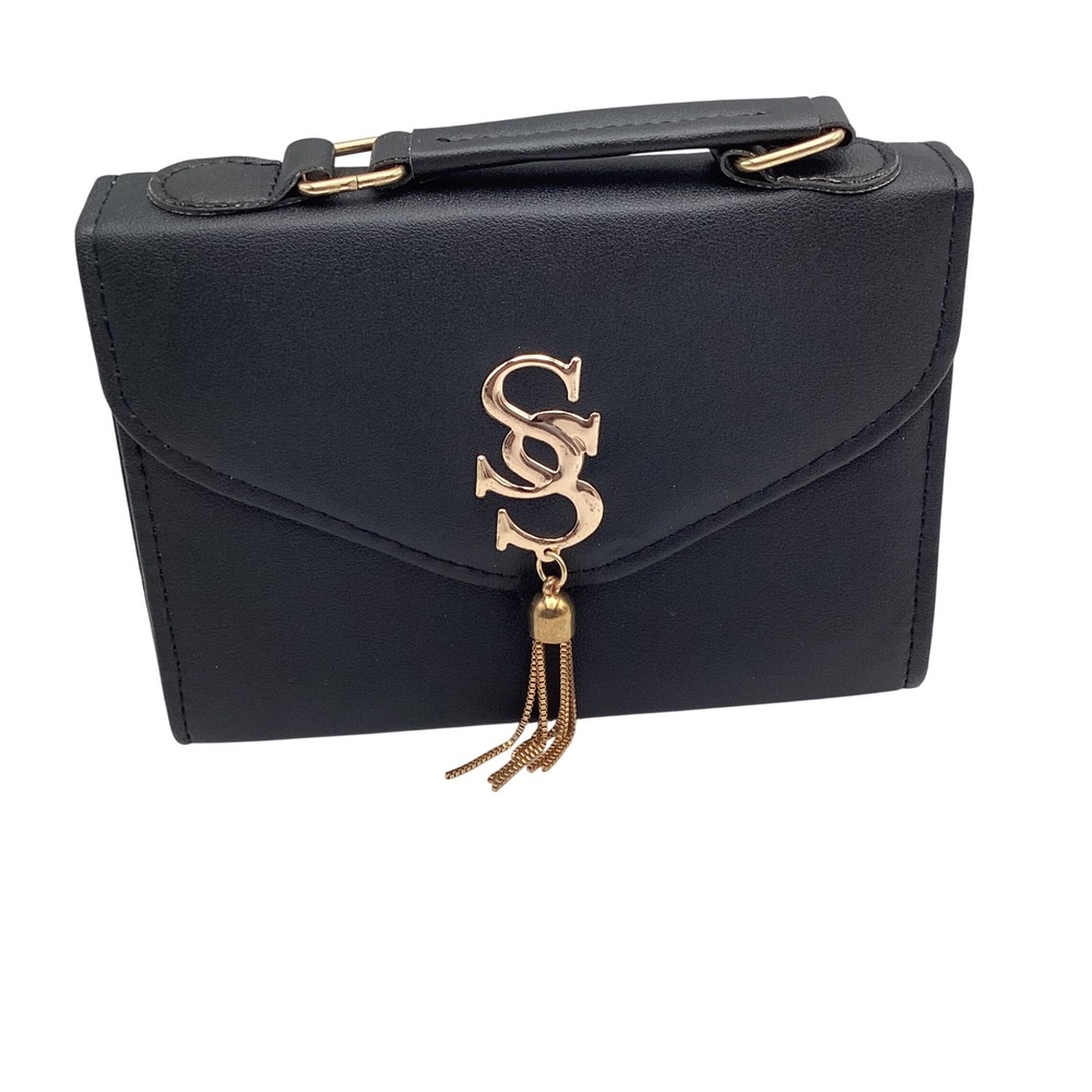 Black Faux Leather Crossbody Bag Gold SS Monogram Tassel Top Handle Handbag